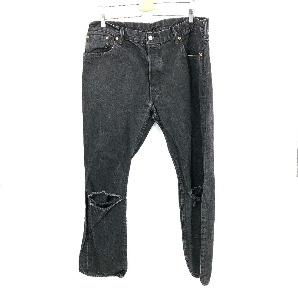 Levi's 501 Jeans classic straight leg denim black button fly distressed 40x32 40
